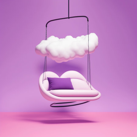 3d rendering of a pink swing with a pillow and a cloud on a purple backgroundの素材