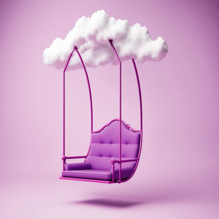 Swing with cloud on purple background. 3D rendering. Minimal concept.の素材
