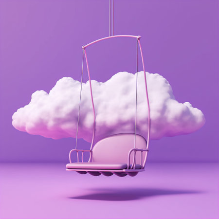 3d rendering of a white cloud on a swing in a purple roomの素材