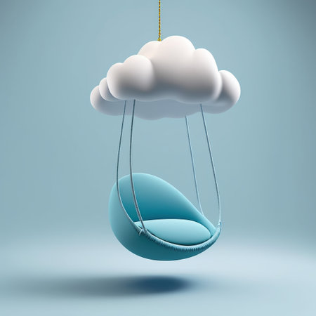 3D rendering of a blue swing hanging on a white cloud.の素材