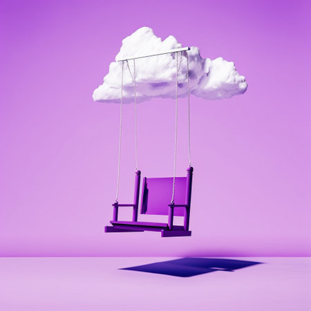 Swing hanging from a cloud on a purple background. 3d renderingの素材
