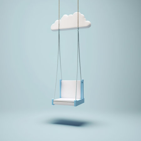 3d rendering of a blue swing on a blue background with cloudsの素材
