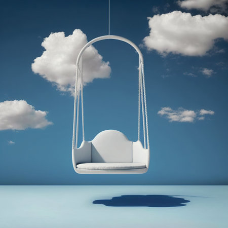 3d rendering of a white swing hanging in the sky with cloudsの素材