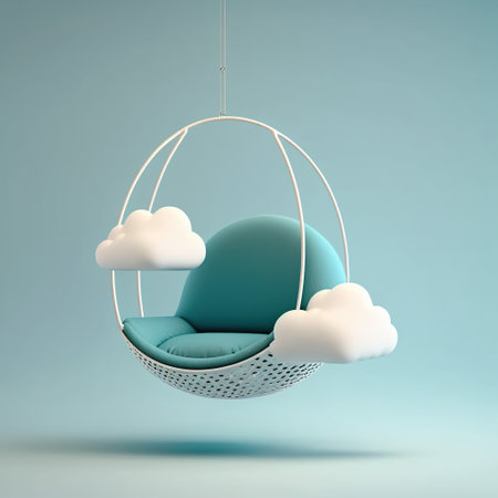 3d render of a hanging chair with clouds in the sky.の素材