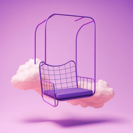 Swing in the clouds. 3d illustration on a purple background.の素材