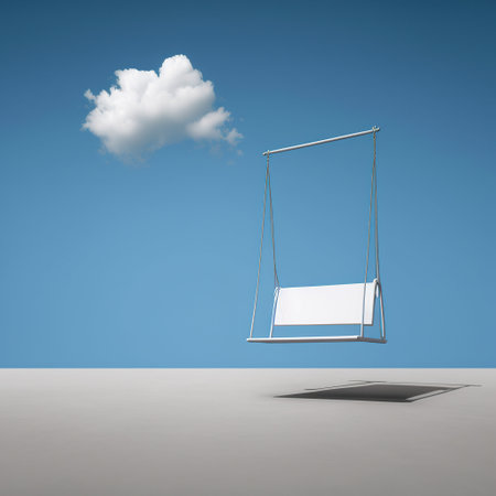 3d rendering of a swing in the blue sky with white cloudsの素材