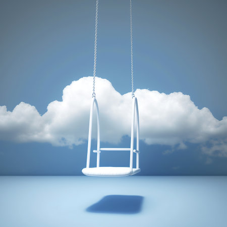 Swing in blue sky with clouds, 3d render, square imageの素材
