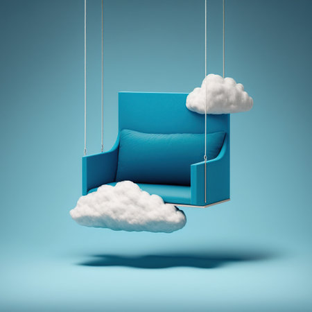 Blue chair with clouds hanging on strings on blue background. 3D renderingの素材