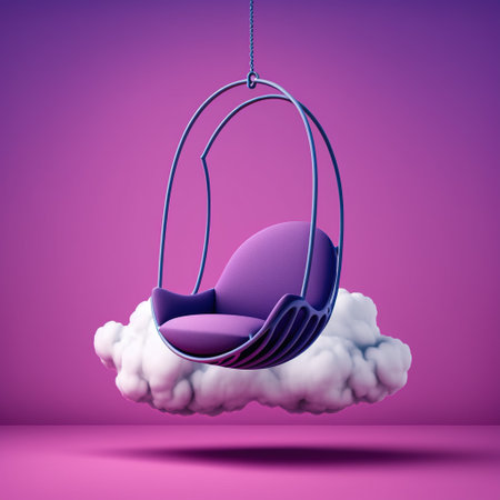 Purple 3d rendering of a swing hanging from a cloud.の素材