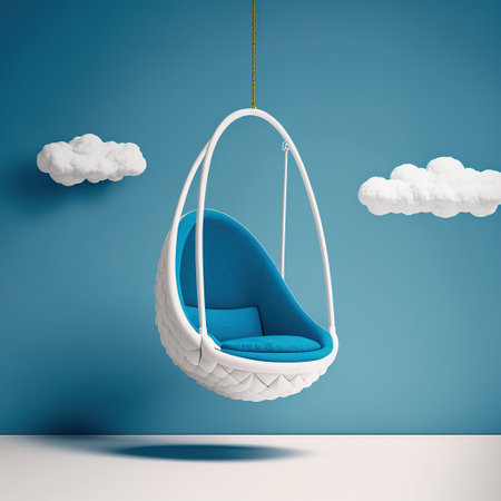 3d rendering of a white swing hanging on a blue wall.の素材