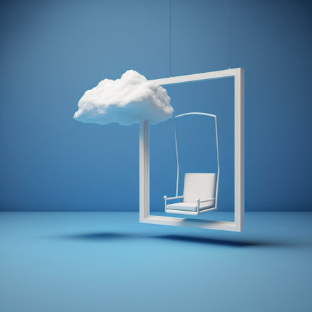 Swing and cloud in the window. 3D illustration. Blue background.の素材