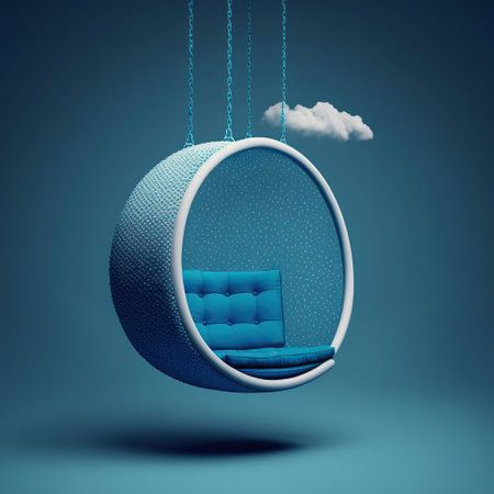 Swing hanging on the ropes, 3d render, blue backgroundの素材