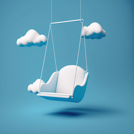 Swing with clouds on blue background. 3D illustration. 3D rendering.の素材