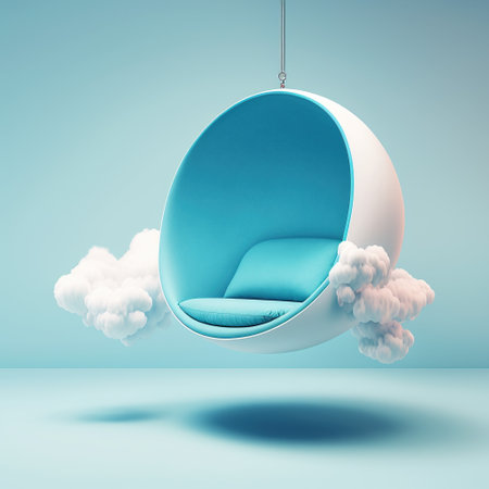 3d rendering of a swing with clouds in the blue room.の素材