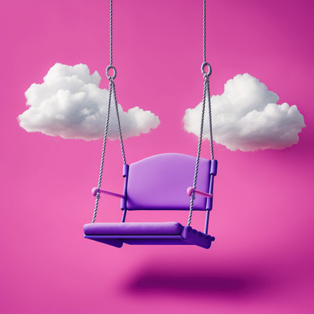 Purple swing on a pink background with clouds. 3d renderingの素材