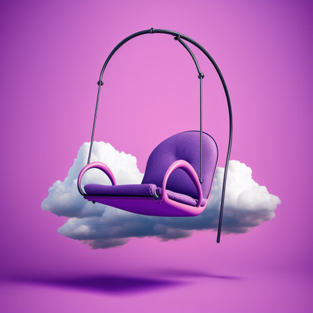 Swing in the clouds isolated on purple background. 3d renderingの素材
