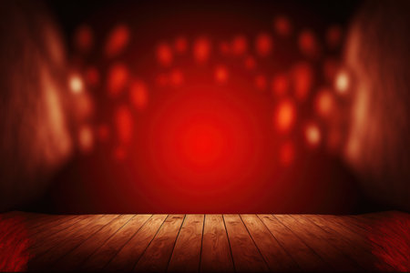 Empty wooden table against red background with vignette.の素材