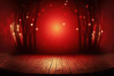 Wooden table in front of a red background with bokehの素材