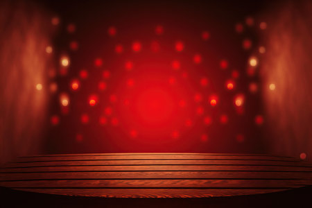 Empty wooden table over red stage lights background, product display montageの素材
