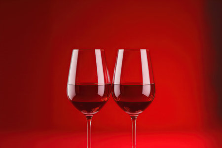 Two glasses of red wine on a red background with copy space.の素材