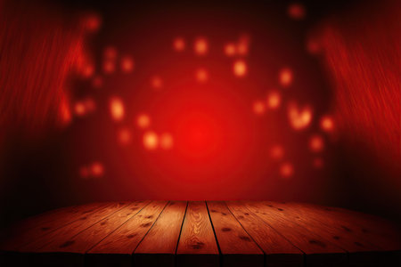 Christmas background with empty wooden table and bokeh lights. For product displayの素材