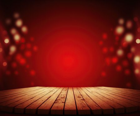 Wooden table top on red bokeh background. product displayの素材