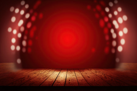 Empty wooden table with spotlights on red background, product display montageの素材