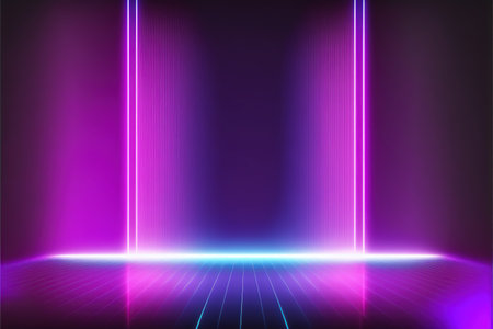 Neon abstract background, empty stage. Neon light vector background.の素材