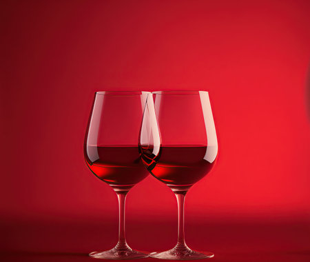 Two glasses of red wine on a red background. Copy space.の素材