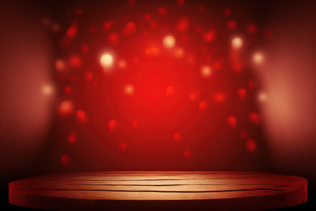 Empty wooden table top on red bokeh background. For product displayの素材