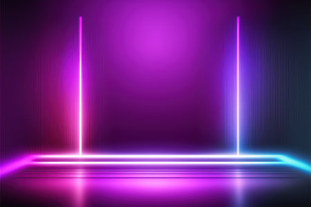 Neon stage background. Vector illustration. Purple and blue lights.の素材
