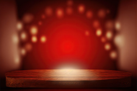 Empty wooden table on red background with bokeh lights. For product displayの素材