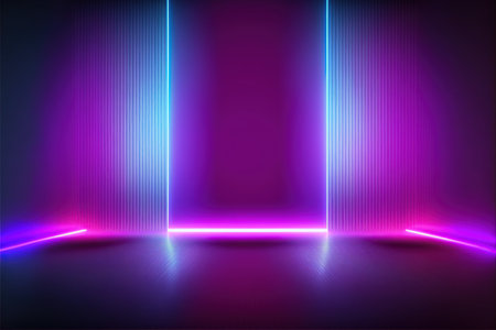 Neon empty stage background. Vector illustration. Neon light background.の素材