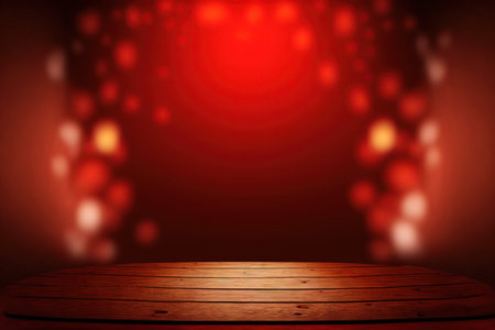 Empty wooden table over red bokeh background, product display templateの素材