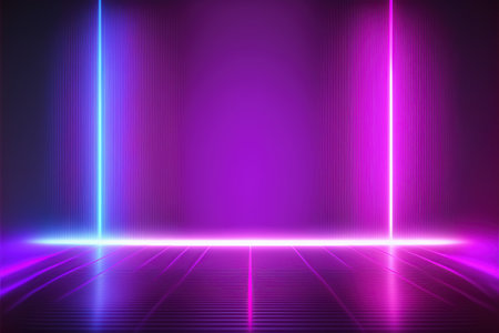 Purple neon stage background. Vector illustration. Neon light background.の素材