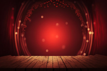 Christmas background with empty wooden table and bokeh lights. For product displayの素材