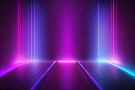 Neon light lines background. Laser rays in dark room.の素材
