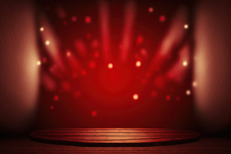 Red stage background with wooden floor and spotlights.の素材