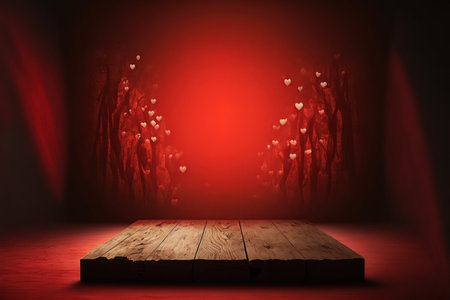 Wooden table in front of a red stage background with hearts.の素材