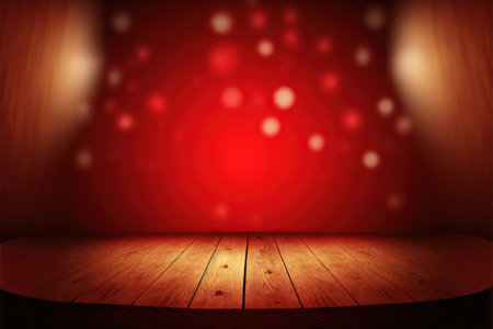 Empty wooden table over abstract red background. Ready for product montageの素材