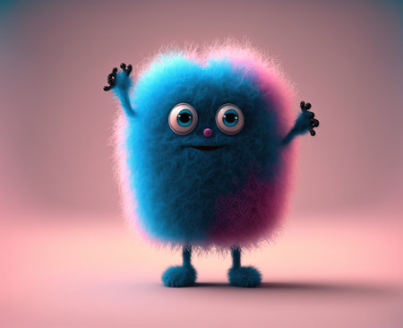 Funny blue furry monster with arms and legs, 3d illustrationの素材