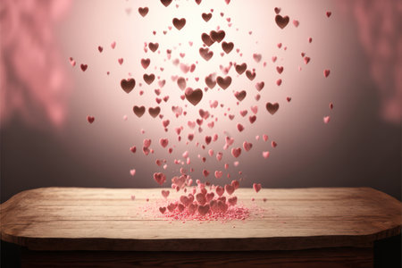 Valentine's day background with wooden table and flying hearts.の素材