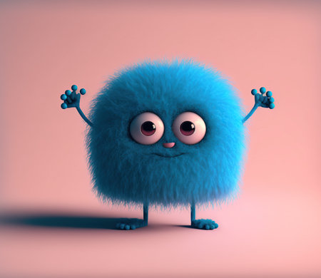 Funny blue furry monster with hands up on pink background. 3D renderingの素材