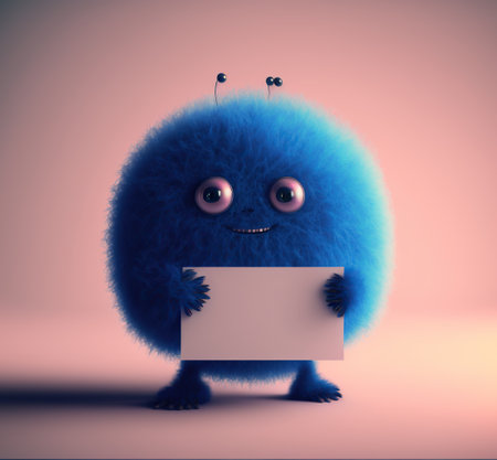 Funny blue monster holding a blank sheet of paper. 3D renderingの素材