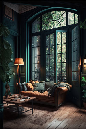 Interior of a living room with a large window. 3D renderingの素材