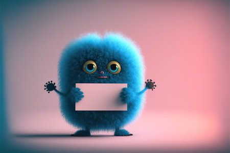 Funny blue furry monster with blank sheet of paper on pink backgroundの素材