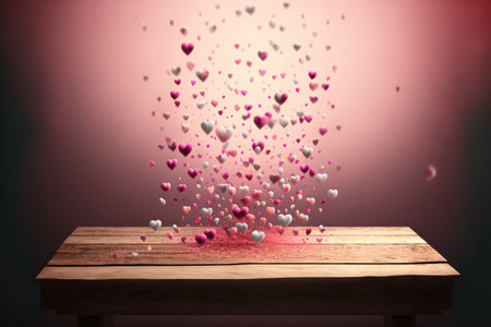 Valentine's day background with hearts and wooden table. 3D renderingの素材