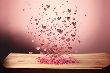Valentines day background with hearts flying out of a wooden tableの素材