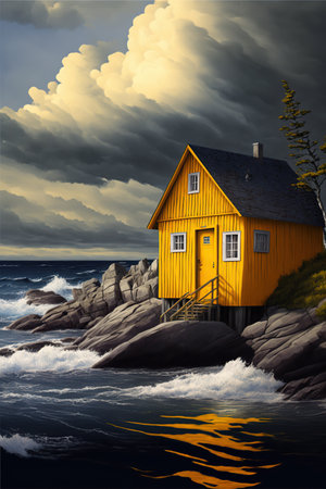 Fishing house on the rocks in the sea with stormy skyの素材