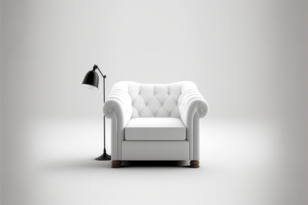 White armchair with a lamp on a gray background. 3d renderingの素材